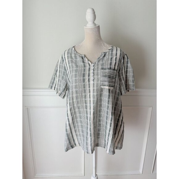 Sage and Cream Striped Textured Popover Blouse Top XL - Picture 1 of 6